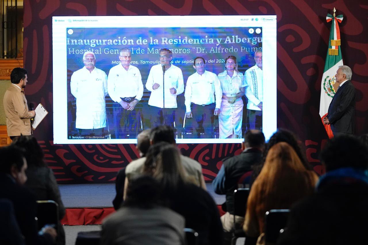 Inaugura Américo albergue y residencia en hospital de Matamoros durante enlace con el presidente AMLO